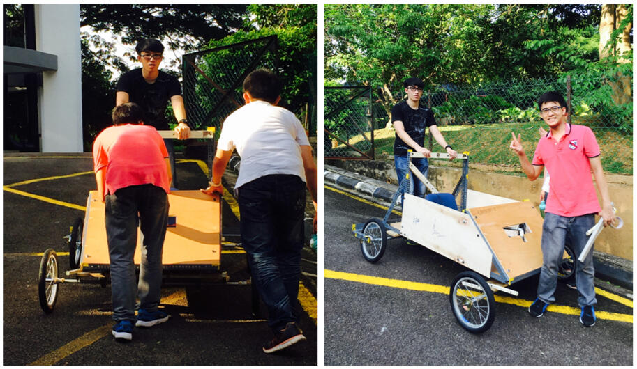 Test run on the soap box gravity car on a slope in campus.