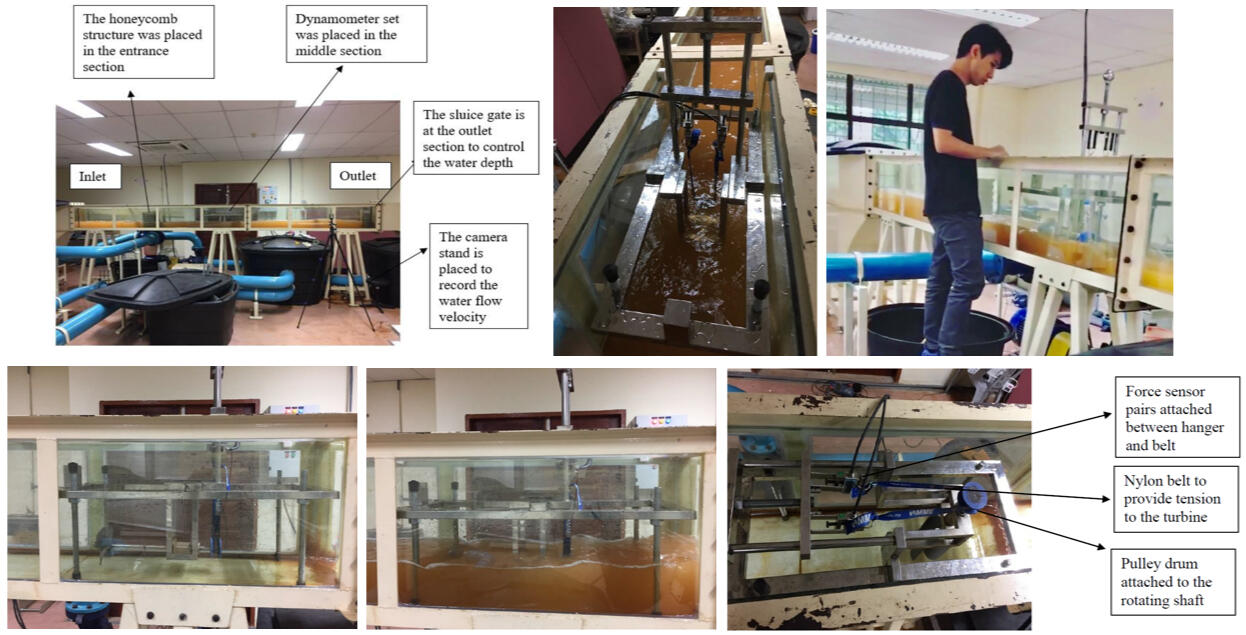 The experiment setup to measure the energy of water flow that can be harness from an open water channel.